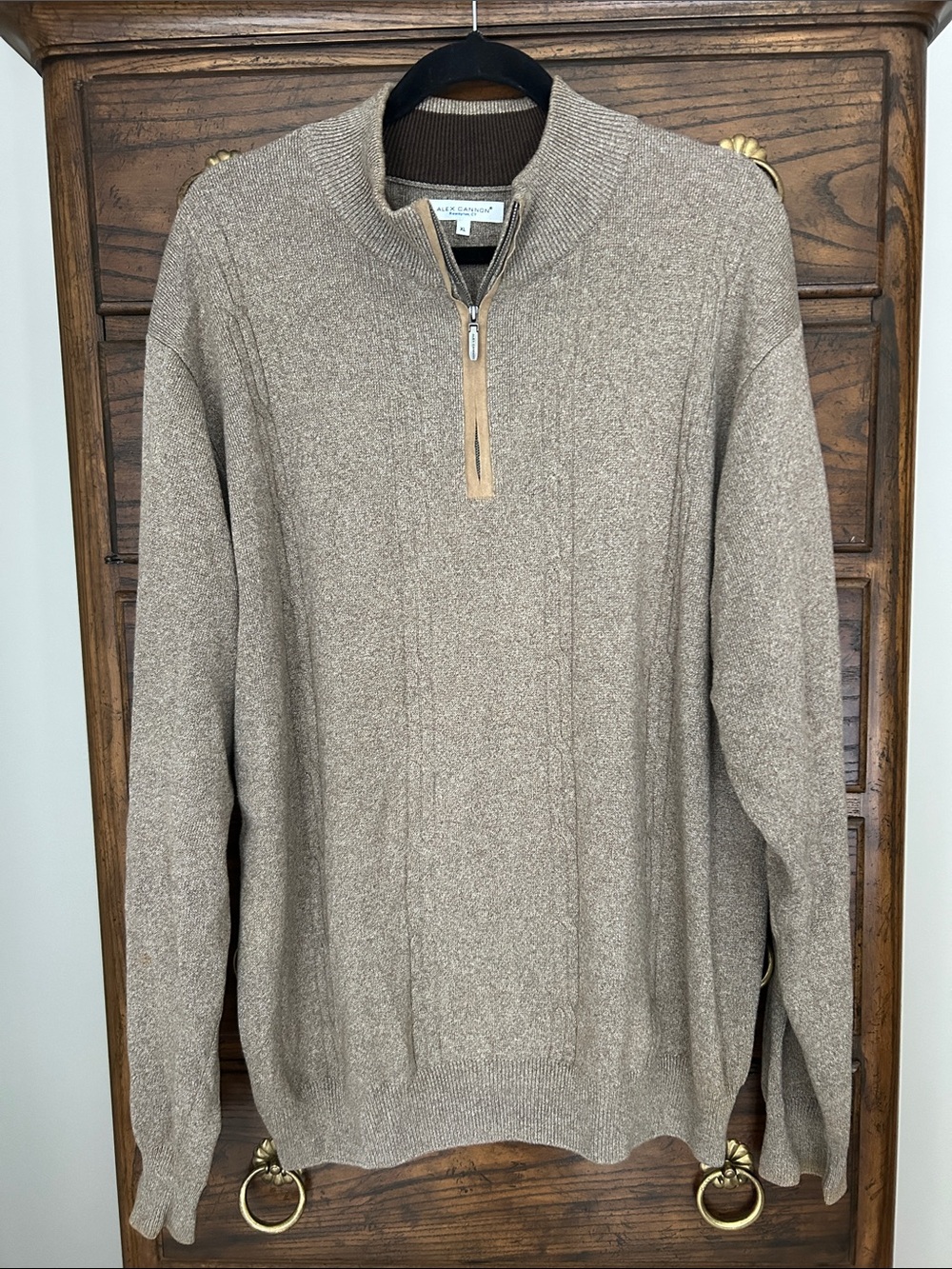Men's Alex Cannon Half-Zip Cotton Sweater in Light Brown, Size XL